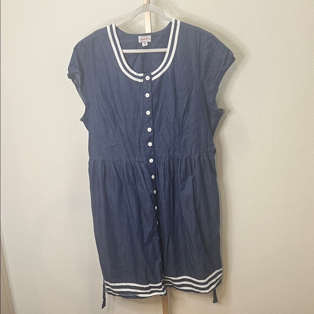 Lanz of Salzburg denim pleated button up Round collar chambray Short sleeve 2X